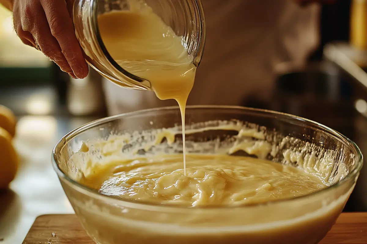 A baker pours lemon juice into cake batter in a glass mixing bowl, showcasing how citrus is incorporated into baking for enhanced flavor and texture.