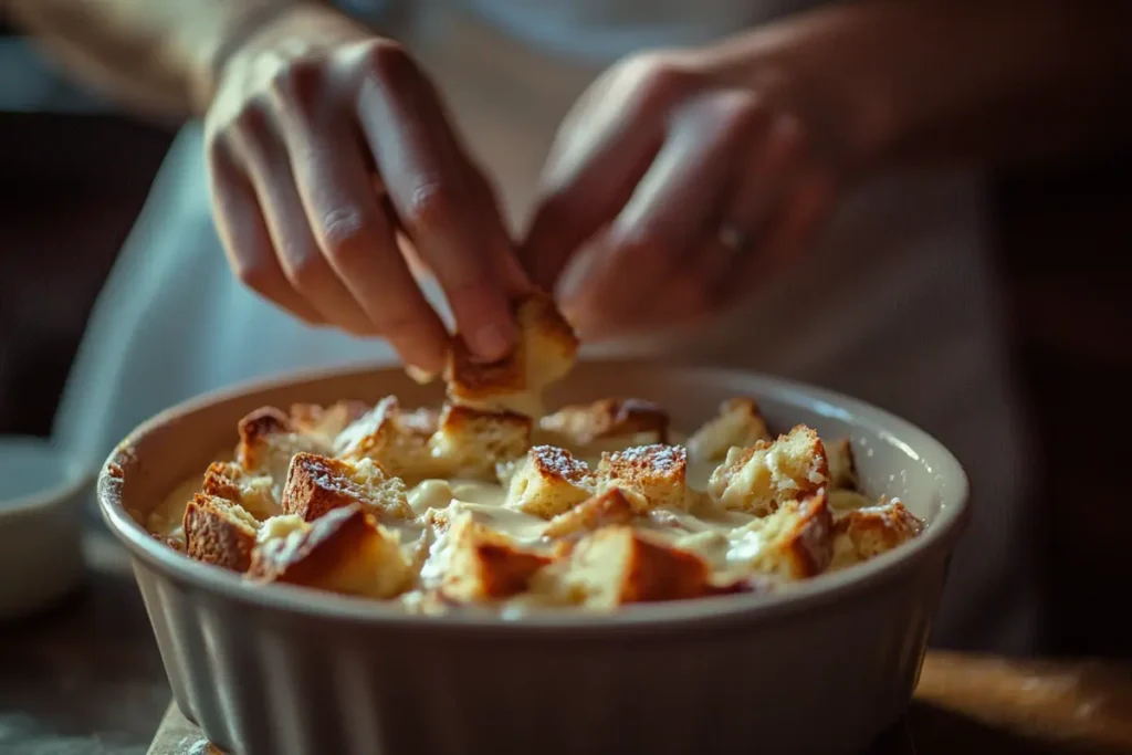 Home baker layering bread slices with custard in a ceramic dish, a key step in avoiding mushy bread pudding.