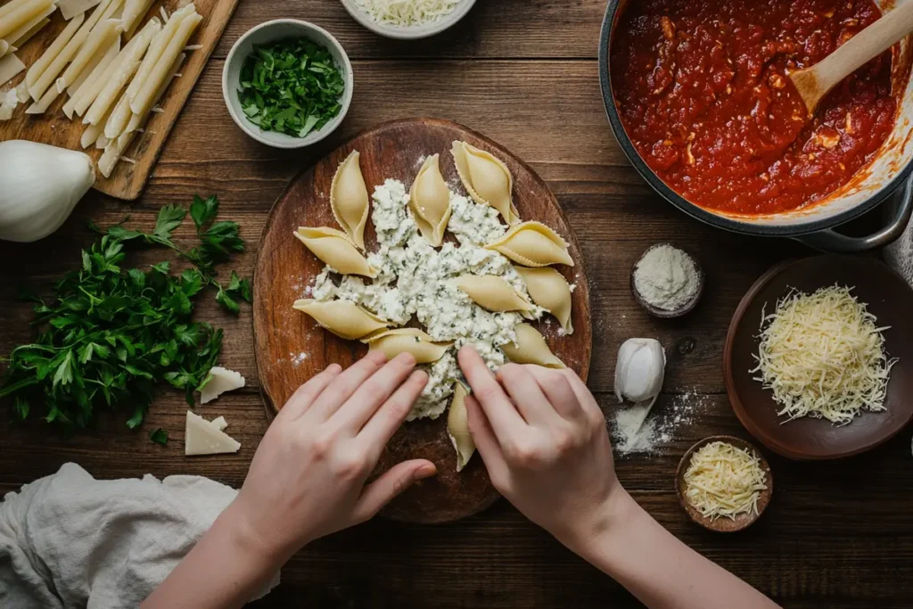 Hands carefully filling jumbo pasta shells with a creamy chicken and ricotta mixture, with fresh parsley, shredded cheese, and marinara sauce nearby.