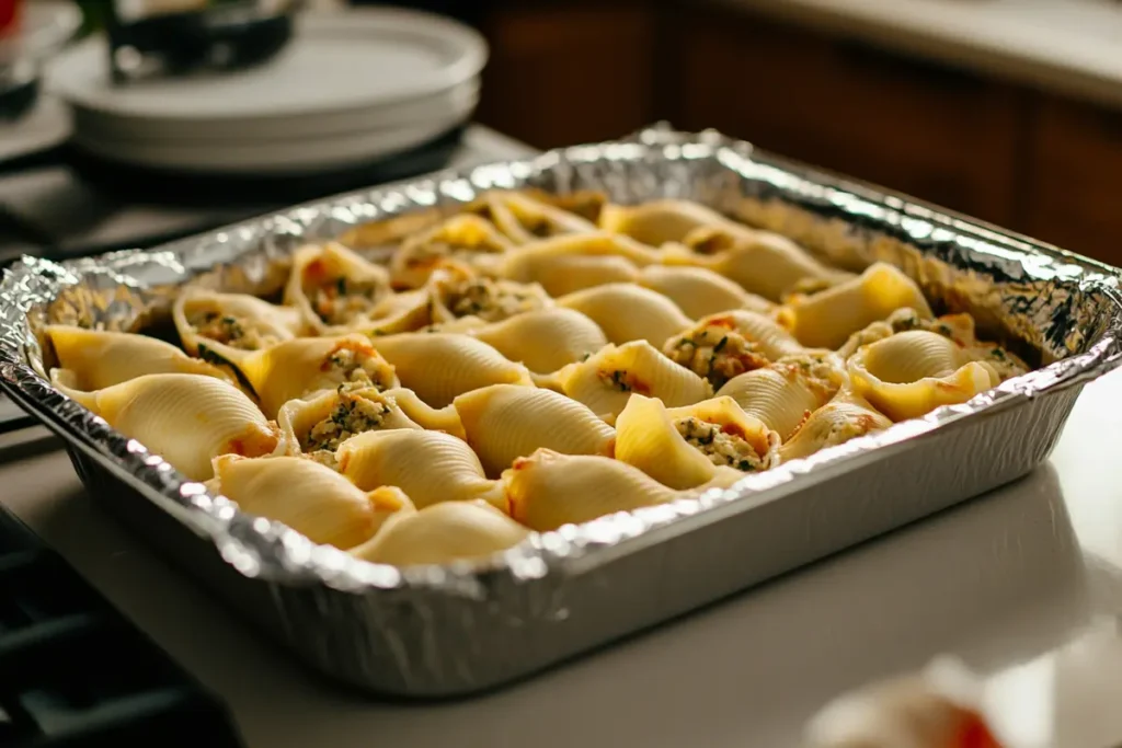 Uncooked frozen stuffed shells covered with aluminum foil, ready for baking, placed in a clean kitchen setup under soft natural light.