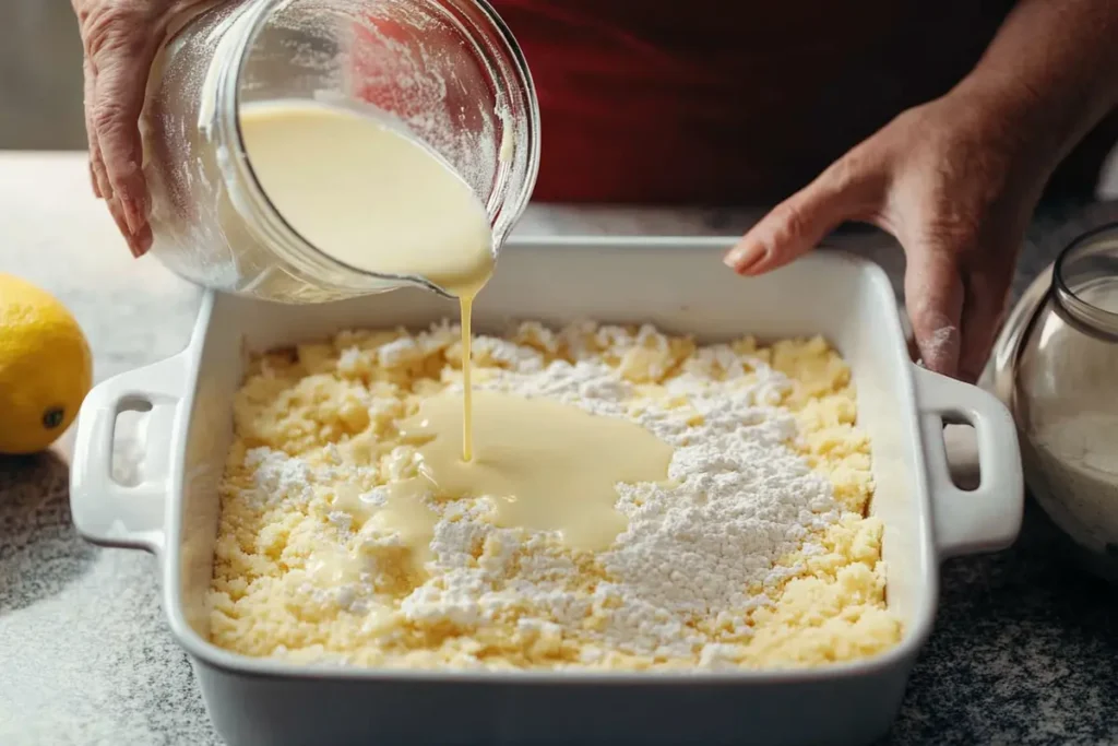 A person pouring lemon mixture into a baking dish to prepare a Lemon Dump Cake, showcasing the layering process.