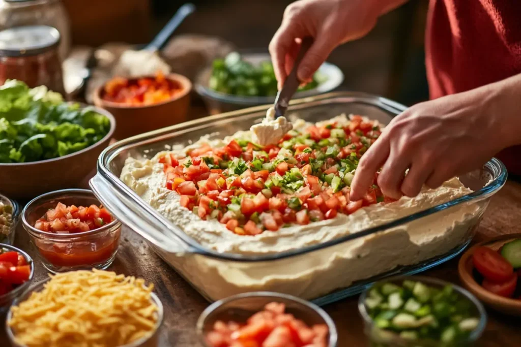 A person spreading cream cheese in a serving dish with toppings like cheese, salsa, and tomatoes nearby. A hands-on preparation scene.