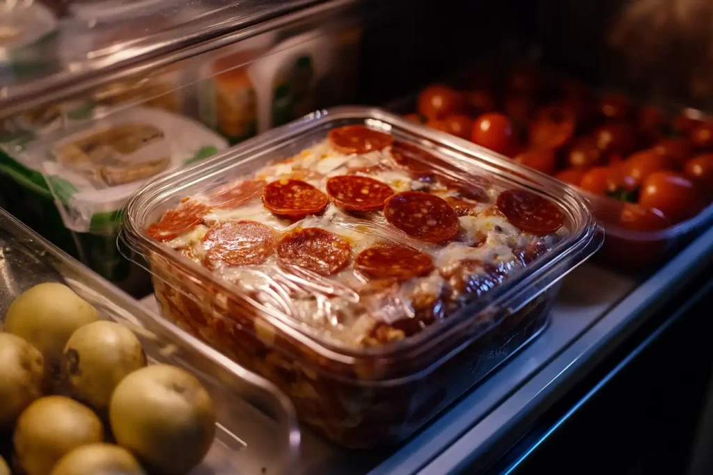 A glass container of pepperoni dip wrapped in cling film, labeled, and stored in a freezer to maintain freshness.