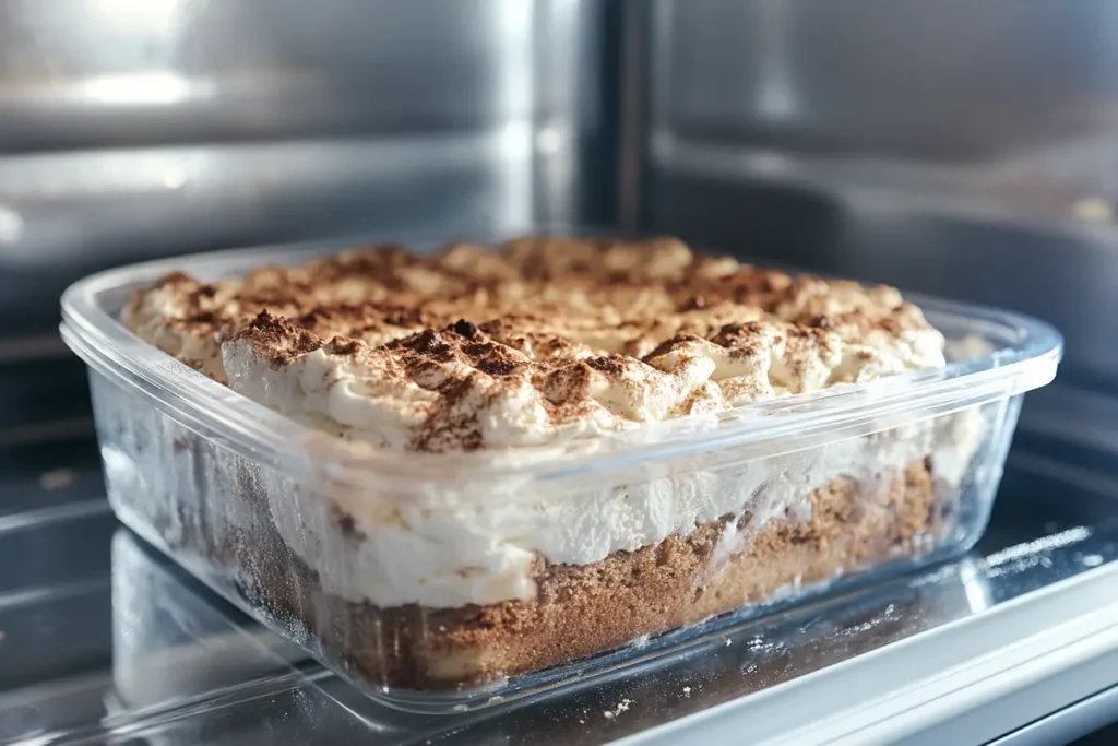 A coffee cake with cream cheese filling in a transparent container placed inside a refrigerator, showcasing proper storage techniques.