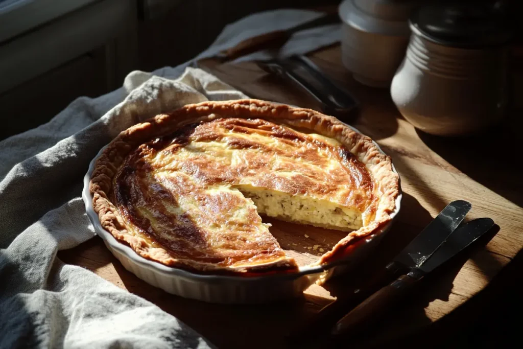 A freshly baked quiche made with pâte brisée on a rustic wooden table. The image shows a slice removed to highlight the golden, flaky crust and rich, creamy filling, accompanied by kitchen utensils and a linen cloth.