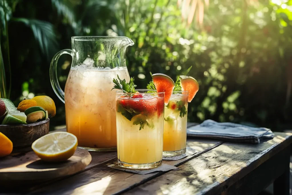 A rustic table setup featuring horchata, agua fresca, and garnished glasses, offering refreshing drink options for taco night.