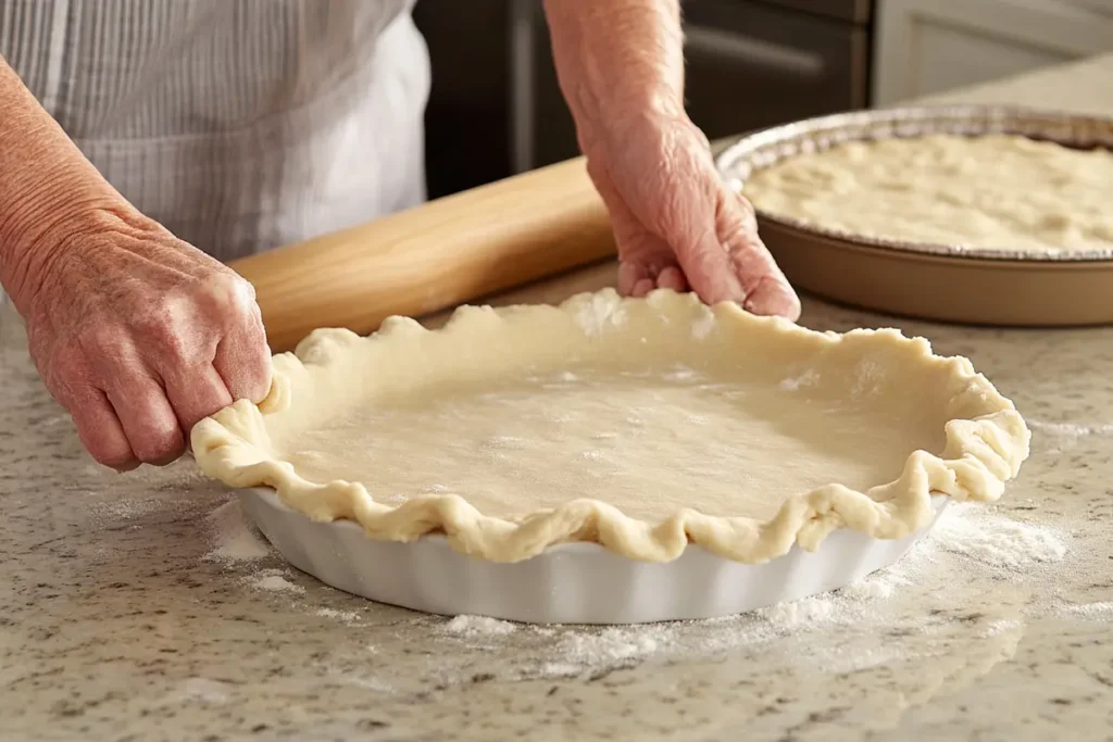 Hands rolling out pie dough on a floured countertop using a wooden rolling pin, with visible texture and imperfections in the dough. The image conveys the process of crafting a perfect crust.