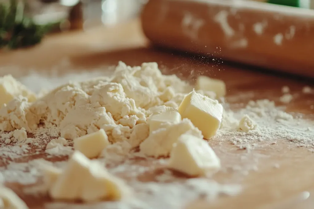 A close-up of pâte brisée dough being rolled on a floured surface, showing small butter pieces in the dough, emphasizing the texture and technique of the 3/2-1 formula.