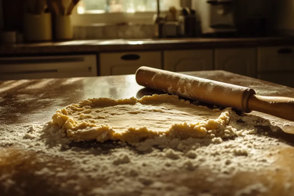 A partially rolled-out pie crust on a floured countertop, with a rolling pin resting on it. Rough edges emphasize a homemade touch, highlighting the simplicity of making a 3-ingredient pie crust.