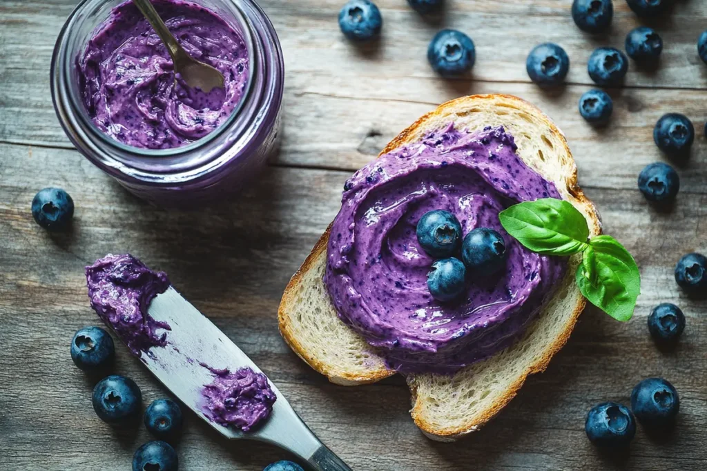 A slice of rustic bread topped with homemade blueberry cream cheese, paired with a jar of spread and fresh blueberries.