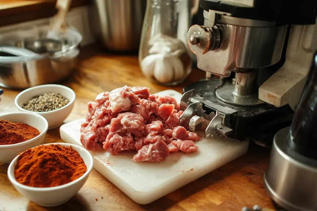 A kitchen scene with a meat grinder, raw pork, and bowls of spices ready for making breakfast sausage, showing techniques that influence its taste.