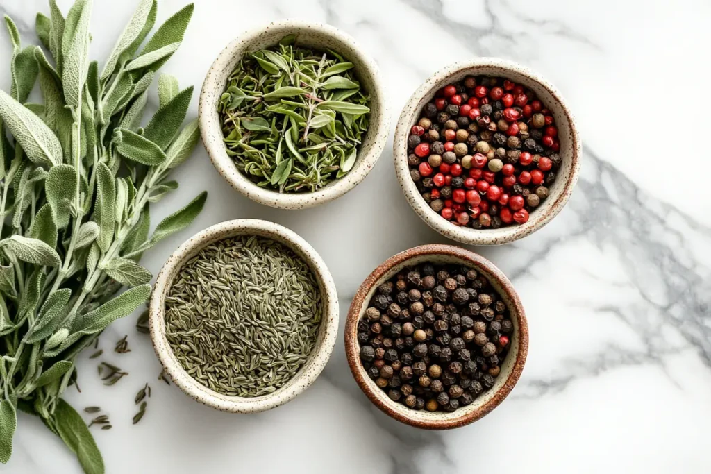 A close-up of herbs and spices used in breakfast sausage, like sage, black pepper, and fennel seeds, displayed on a kitchen counter.