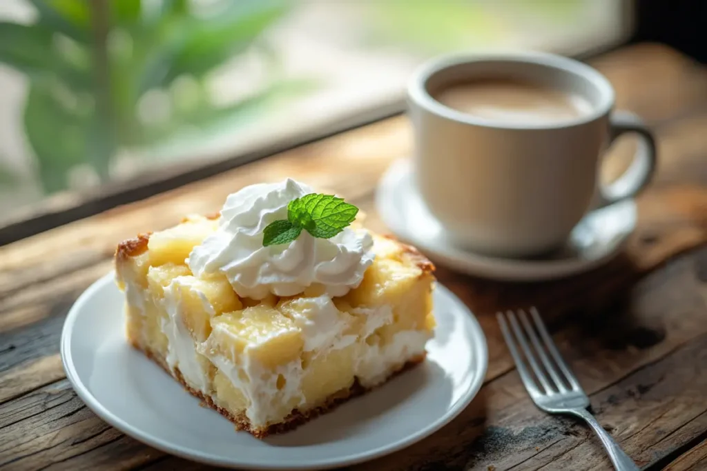 A slice of pineapple bread pudding garnished with whipped cream and mint, served on a plate beside a cup of coffee.