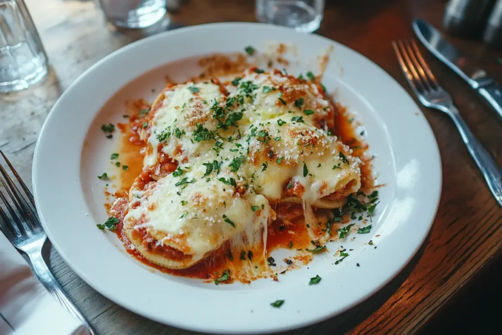 A serving of baked stuffed shells plated beautifully, topped with herbs and melted cheese, with a fork and knife beside, showcasing the perfect serving suggestion.