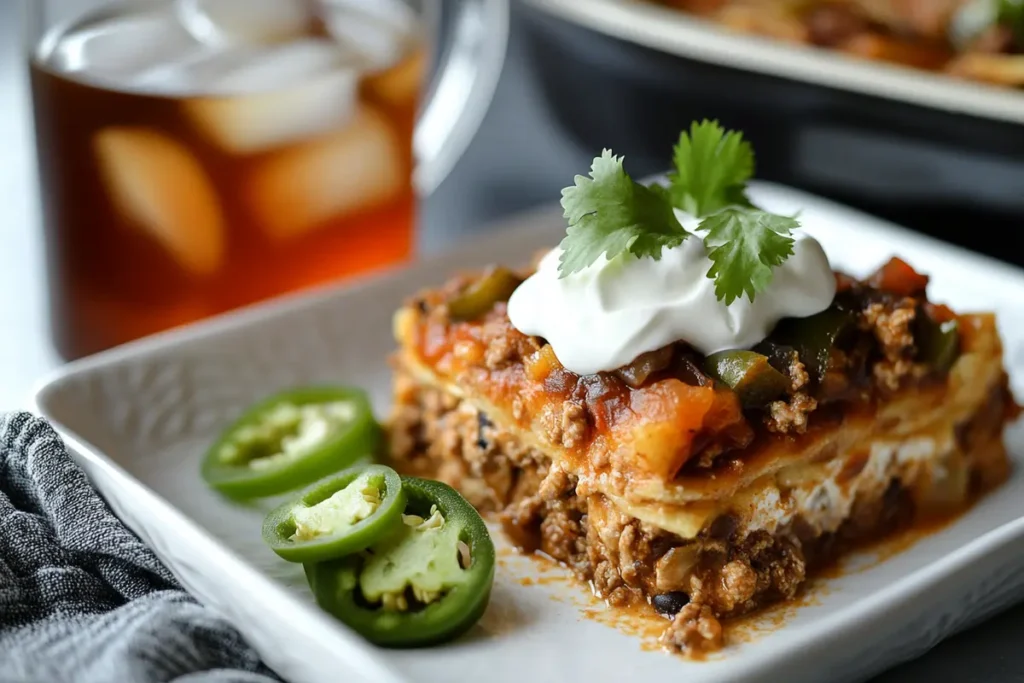 A single serving of walking taco casserole garnished with sour cream and jalapeños, paired with a refreshing iced tea, ready to enjoy.