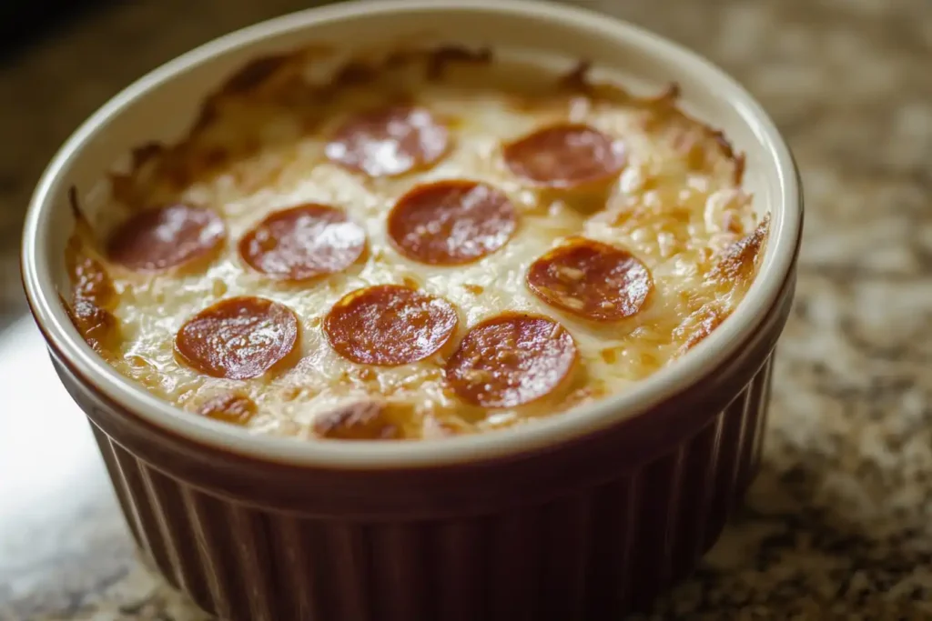 A spoiled bowl of pepperoni dip showing discolored spots and a cracked surface, a clear indicator of spoilage.