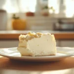 A block of cream cheese softening on a plate at room temperature, ideal for recipes requiring smooth consistency.