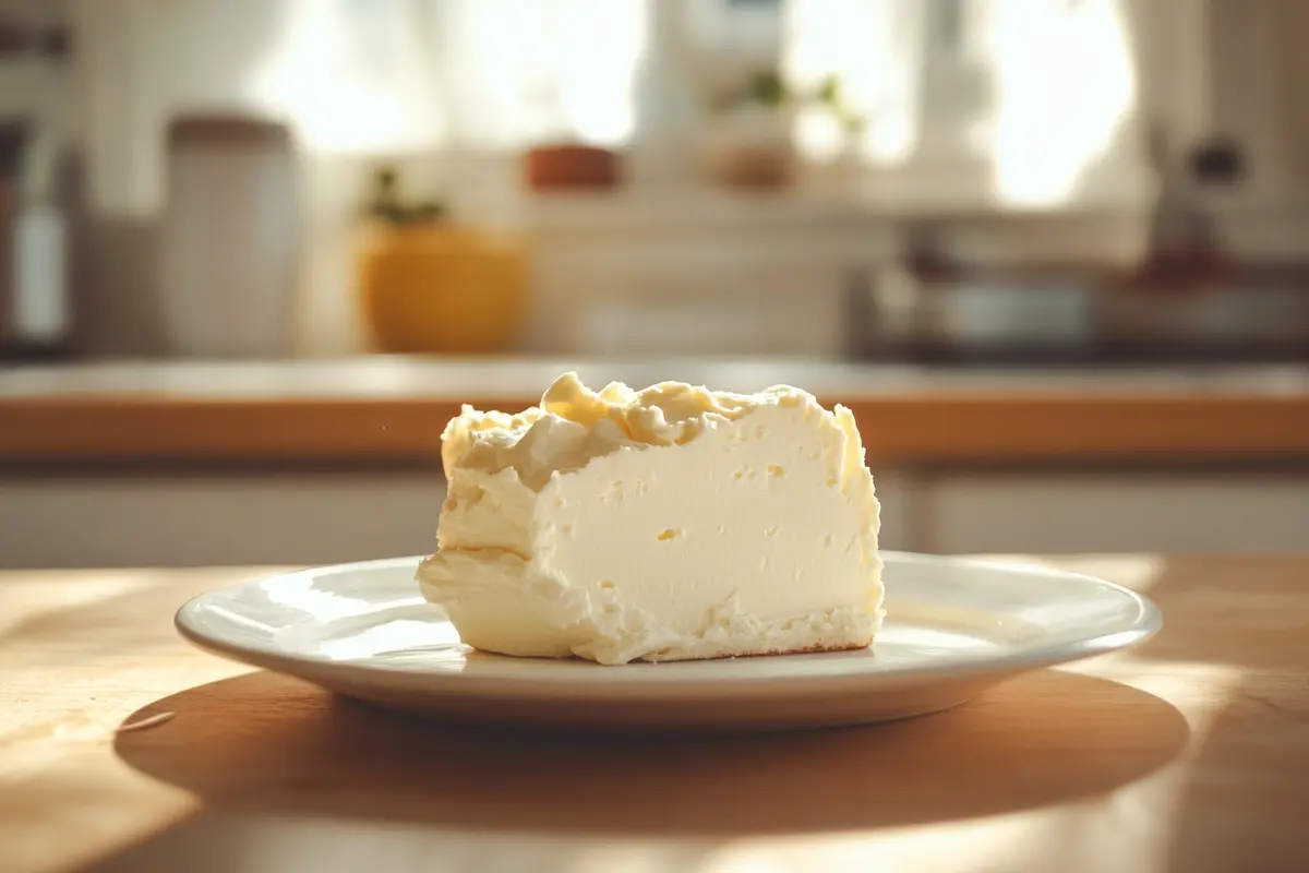 A block of cream cheese softening on a plate at room temperature, ideal for recipes requiring smooth consistency.