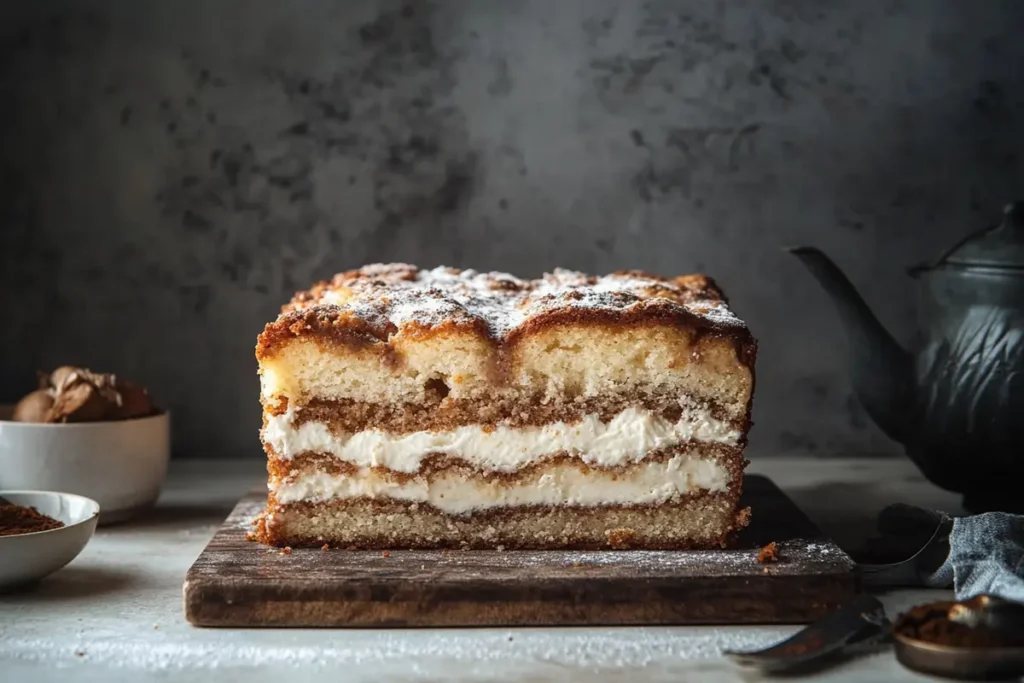 A visibly spoiled coffee cake with cream cheese filling, featuring mold patches and dried texture, left uncovered on a kitchen countertop.