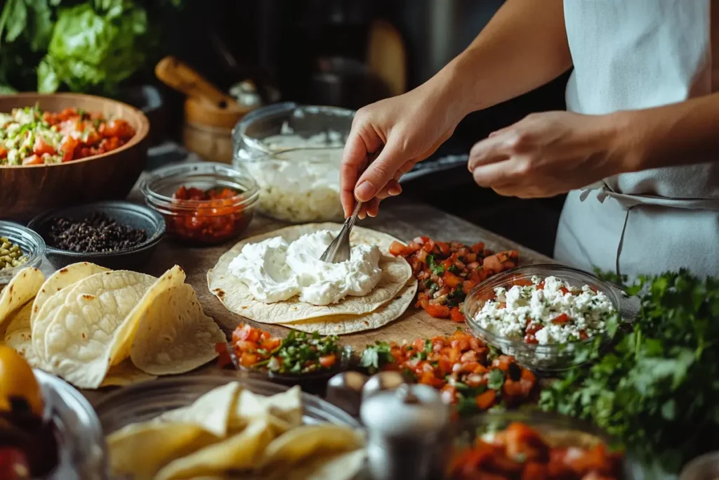 A casual, realistic image of someone applying cream cheese onto a taco shell, showcasing a practical example of the substitution.