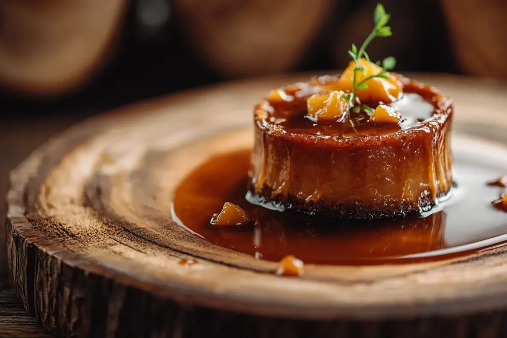 A sticky toffee pudding topped with rich caramel sauce, served on a rustic wooden plate. Perfect depiction of a classic steamed pudding.