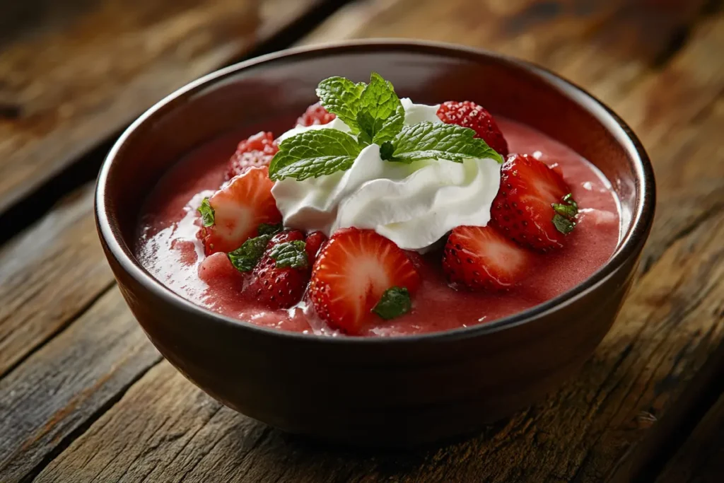 A realistic photo of homemade strawberry pudding, garnished with fresh strawberries, whipped cream, and mint leaves, sitting on a wooden table. This image showcases the creamy texture and inviting presentation of strawberry pudding.