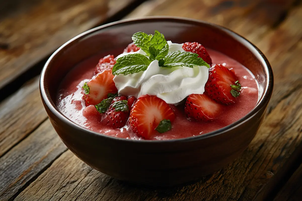 A realistic photo of homemade strawberry pudding, garnished with fresh strawberries, whipped cream, and mint leaves, sitting on a wooden table. This image showcases the creamy texture and inviting presentation of strawberry pudding.