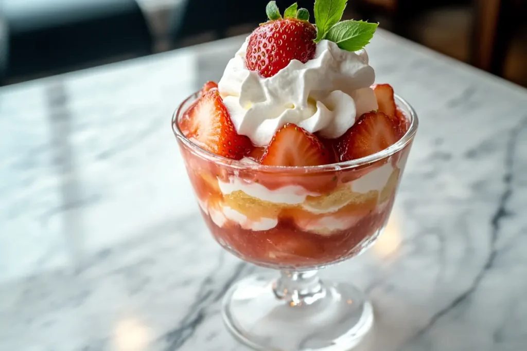 A realistic image of strawberry pudding served in a glass bowl, layered with strawberry slices and topped with whipped cream. This dessert is presented beautifully, perfect for serving at gatherings.