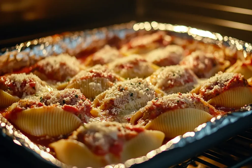 Stuffed shells in the oven, partially covered with foil, glowing under warm oven light as they bake to a golden finish.