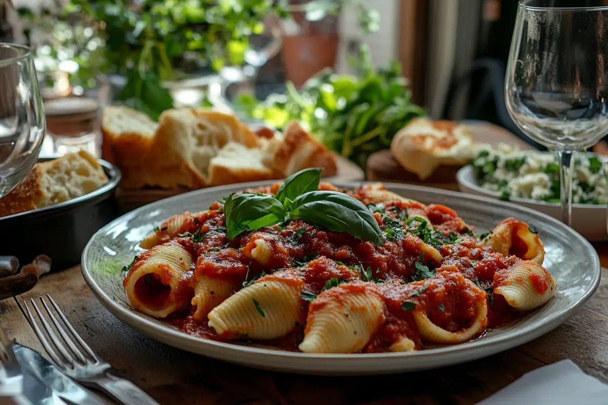 A plate of stuffed shells served with garlic bread and Caesar salad on a wooden table, highlighting meal accompaniments.