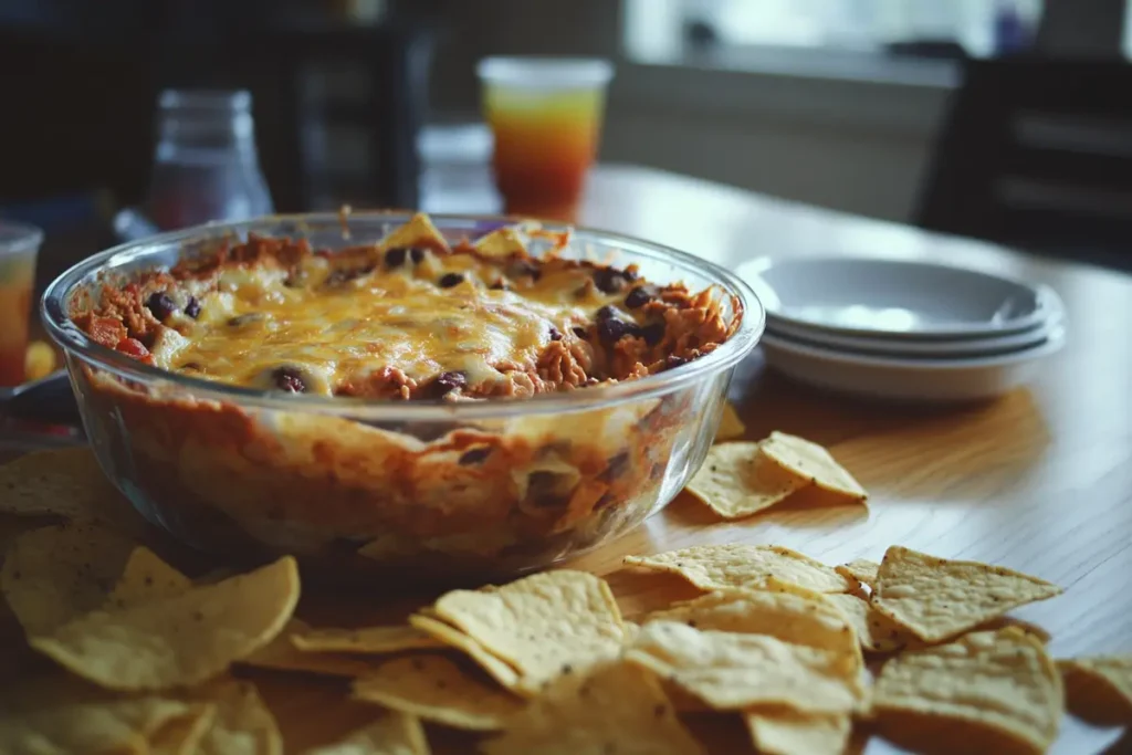 A taco dip in a glass dish, partially eaten, showing its vibrant layers, with tortilla chips scattered around and a casual party in the background.