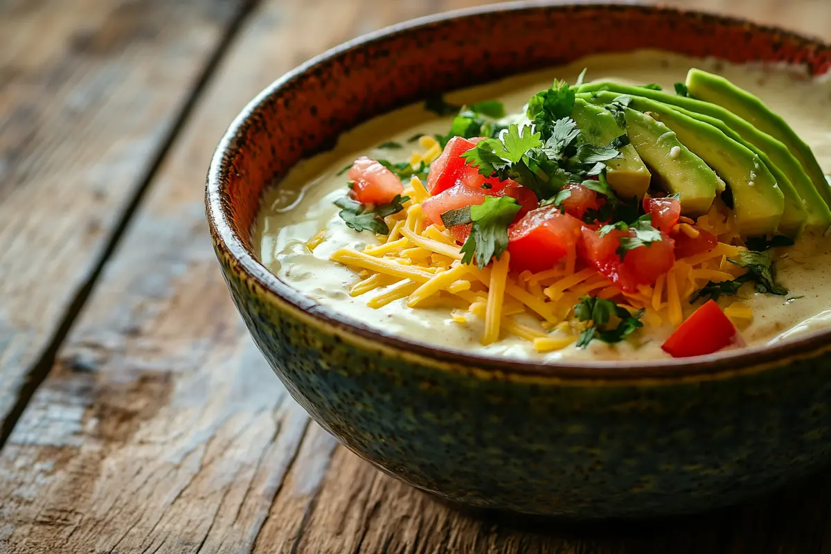 A rich and creamy taco dip featuring cashew cream as a substitute for sour cream, topped with fresh vegetables, perfect for dipping.