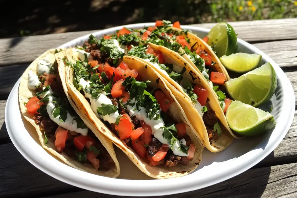 Vibrant plate of tacos drizzled with creamy cheese sauce, garnished with lime wedges and fresh herbs. Perfect for serving ideas.