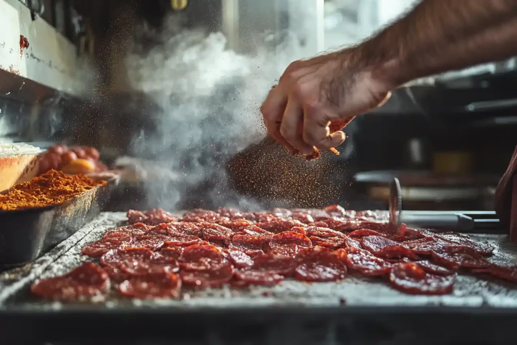 A butcher preparing pepperoni with a mix of pork, beef, and spices in a rustic kitchen. The process showcases the foundation of its unique taste.