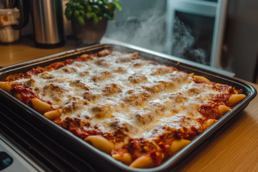 A close-up of freshly baked stuffed jumbo pasta shells filled with creamy ricotta, topped with bubbling marinara sauce and mozzarella.