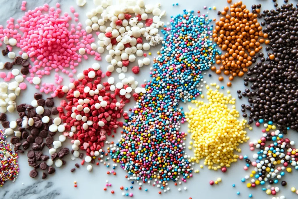 Different types of doughnut sprinkles, including colorful jimmies, small nonpareils, and shaped quins, on a white countertop.