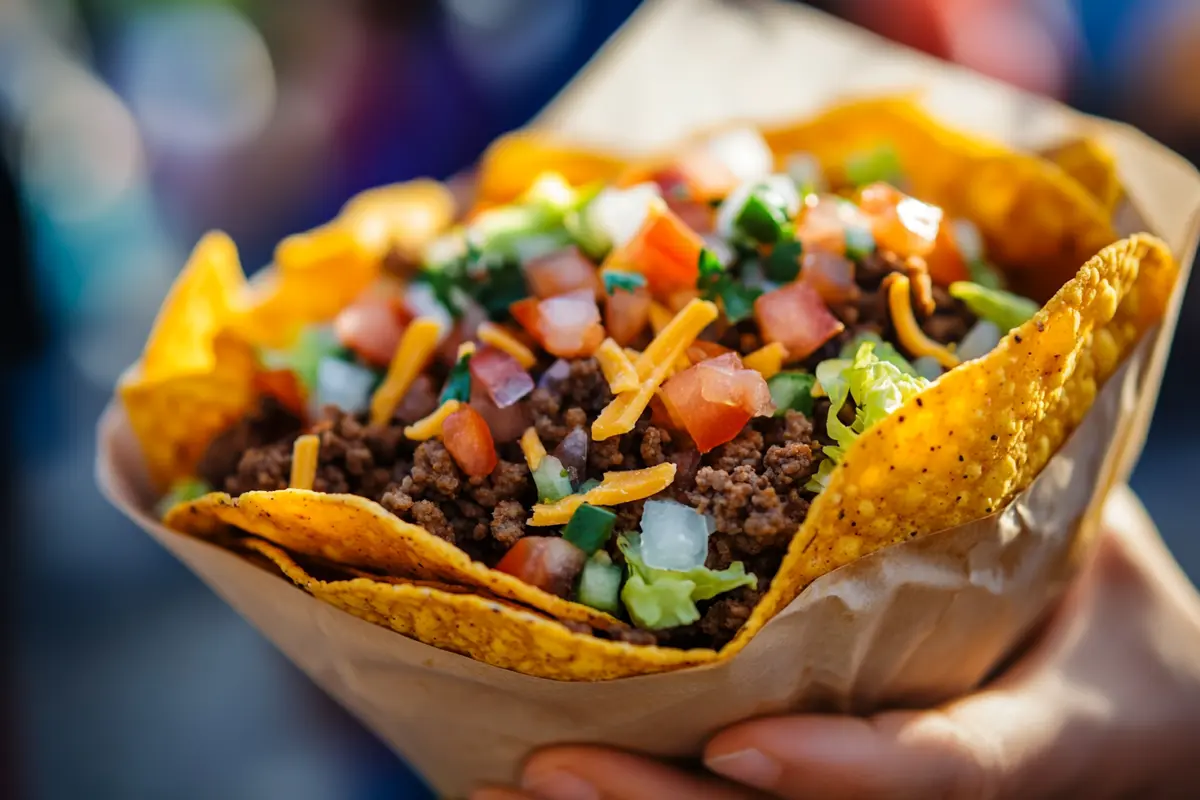 A walking taco served in a Fritos bag, topped with ground beef, melted cheese, diced tomatoes, and shredded lettuce, perfect for a quick meal.