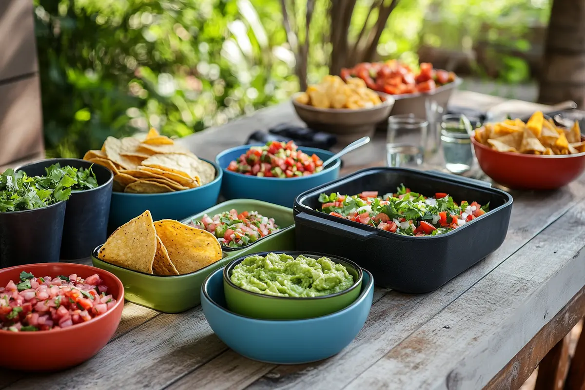 Casual taco bar with a walking taco in a bag, surrounded by fresh guacamole, pico de gallo, and tortilla chips; perfect for taco night.