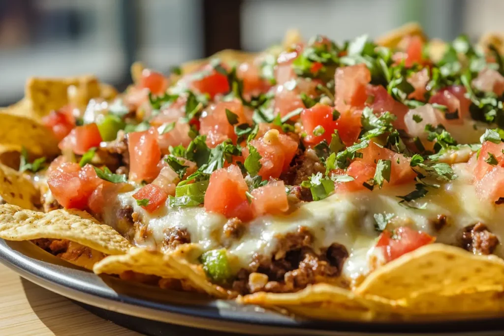 A vibrant walking taco casserole topped with tortilla chips, cheese, and fresh vegetables, emphasizing its colorful and appetizing presentation.