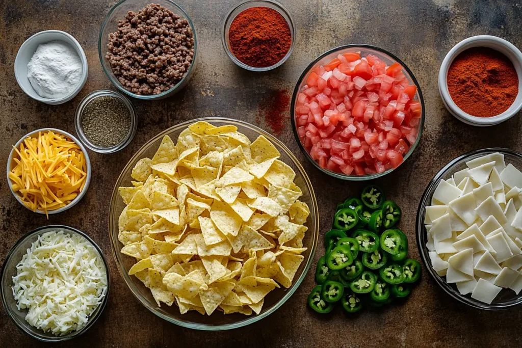 Essential ingredients for walking taco casserole arranged on a rustic wooden table, showcasing their freshness and variety.