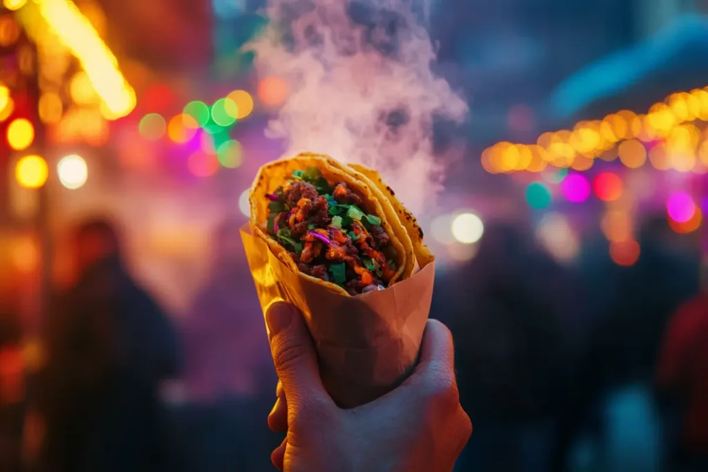 A walking taco being held at a festival, with vibrant lights in the background, showcasing its convenience as a portable snack.