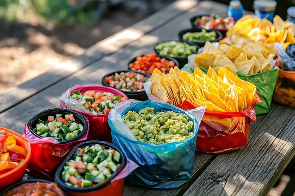 Multiple walking tacos placed on a picnic table, accompanied by bowls of toppings like guacamole, salsa, and jalapeños for a fun outdoor meal.