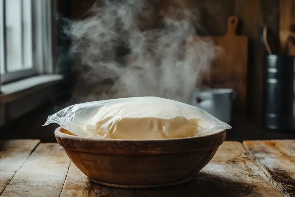 Cream cheese in a sealed bag submerged in warm water, showing an effective method for softening quickly.