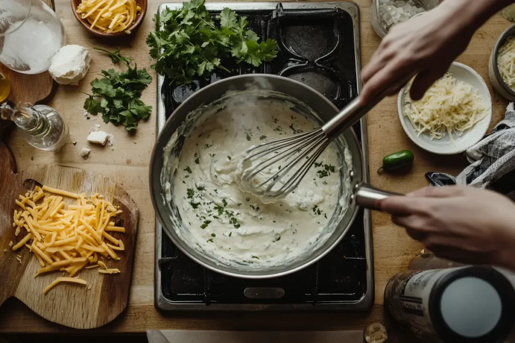 Step-by-step process of making cream cheese sauce for tacos, featuring a saucepan on the stove with fresh ingredients nearby.