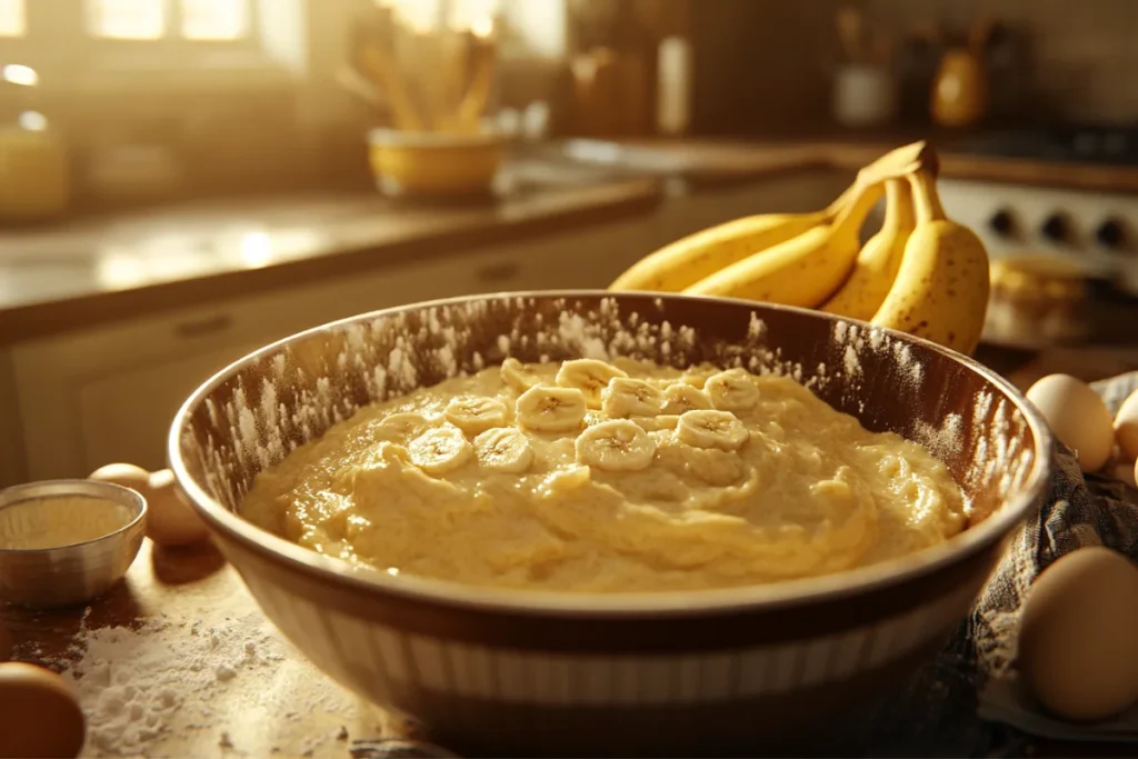 A baker mixing banana bread batter in a bowl, showcasing proper techniques to prevent overmixing and achieve the perfect texture.