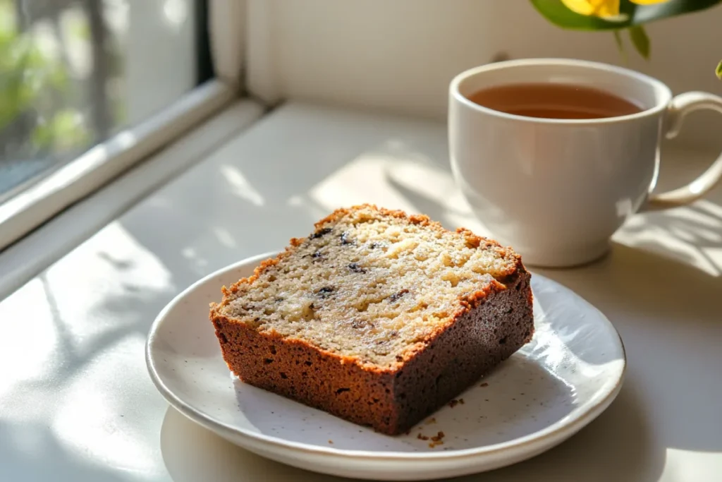 A slice of banana bread with visible air bubbles in the crumb texture, highlighting the effects of chemical reactions in baking