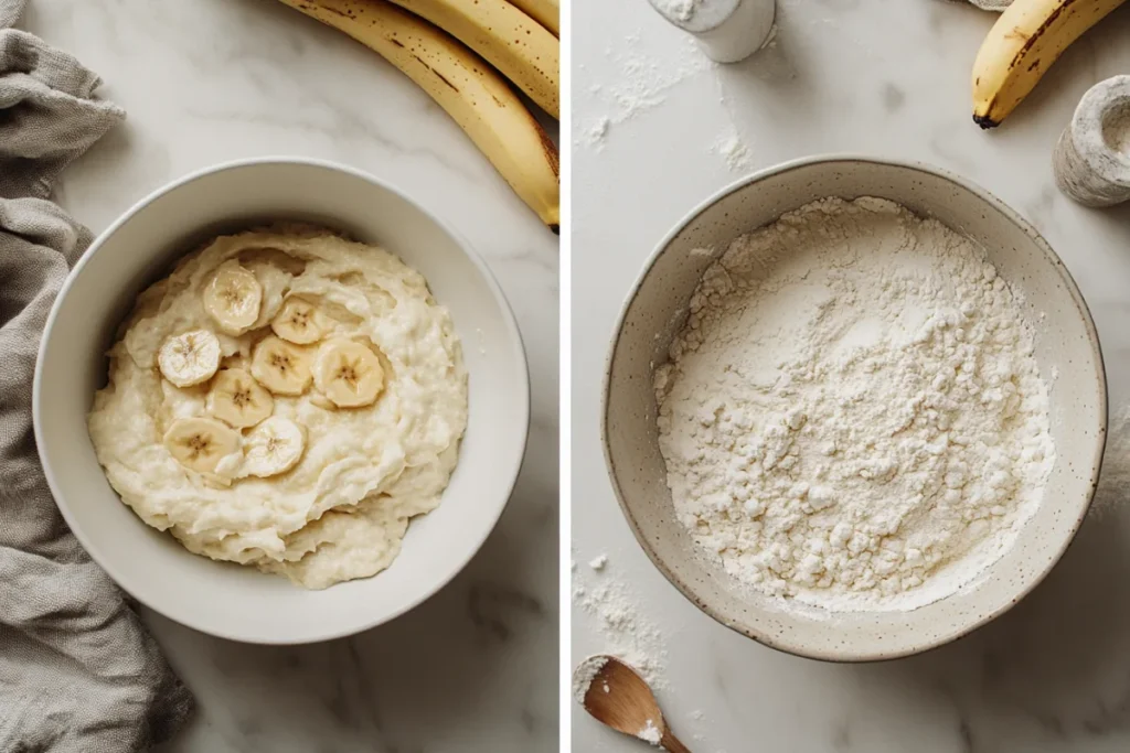 Mixing bowls showing mashed bananas and flour mixtures, illustrating the start of chemical reactions in banana bread baking