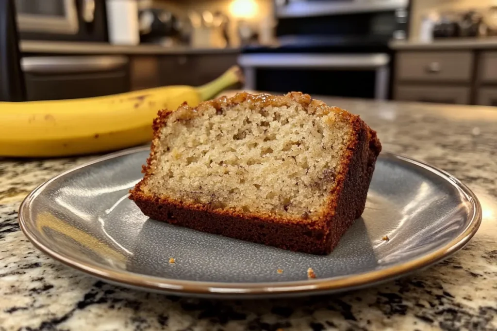 Close-up of a slice of moist banana bread on a ceramic plate, highlighting its soft texture and simple ingredients.