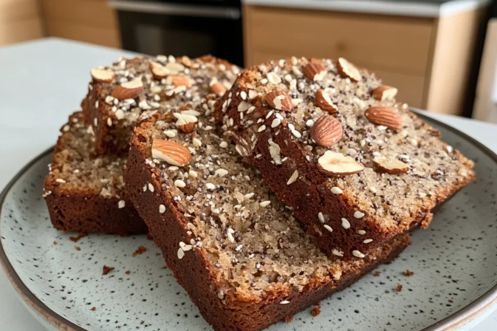 Close-up of banana bread slices topped with nuts and seeds, showcasing nutritional enhancements for health-conscious diets.