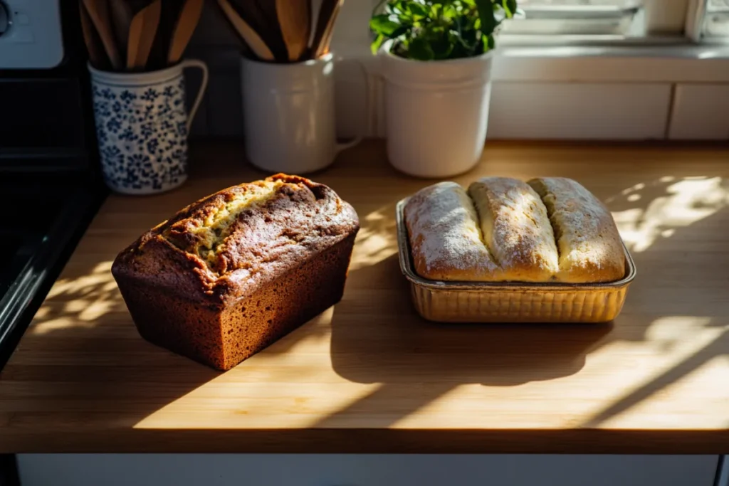 Freshly baked banana bread next to a loaf of white bread on a wooden countertop. Highlights the question: Is banana bread healthier than bread?